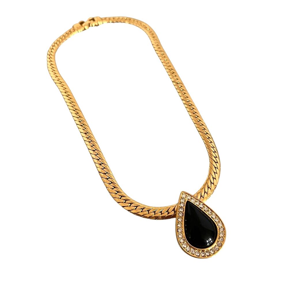 Vintage 1980s Monet Black Teardrop Pendant Necklace Gold Tone - NB1